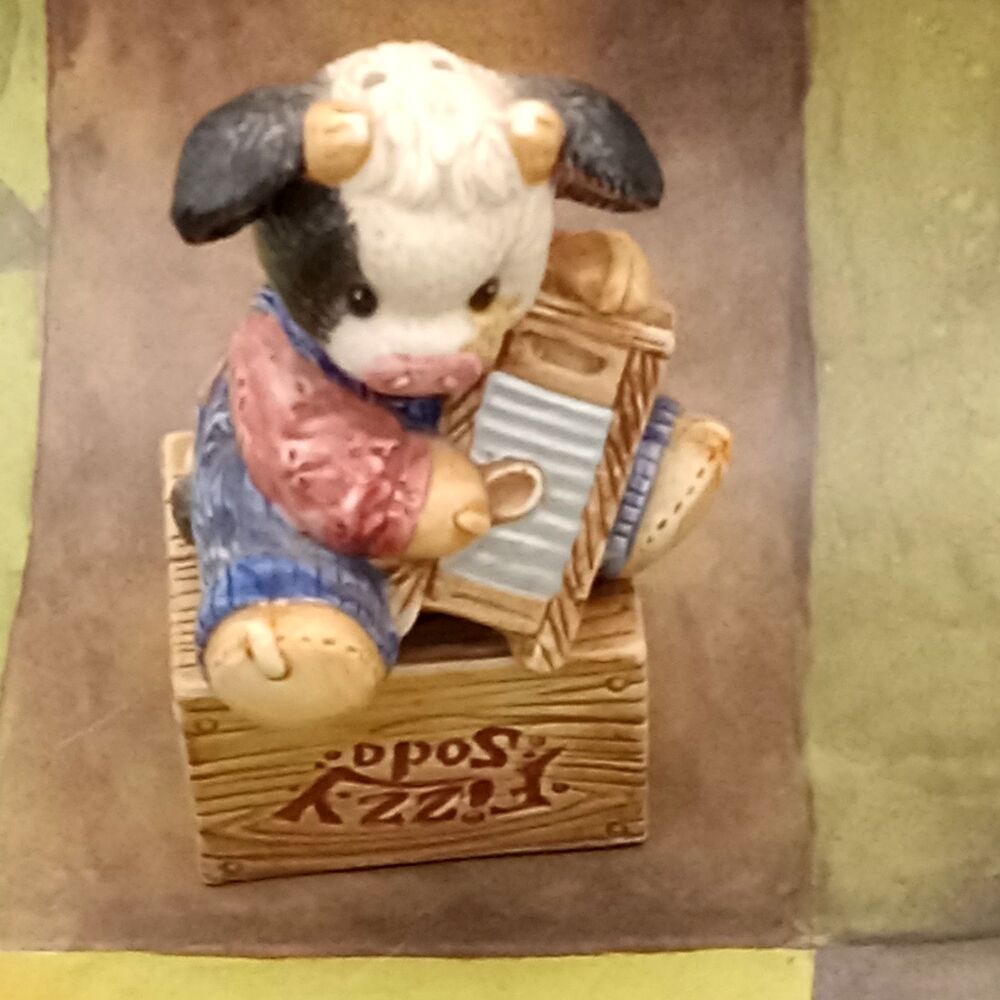 Enesco Cow & Fizzy Soda Salt And Pepper Shakers Stackable Playing Washboard 1996